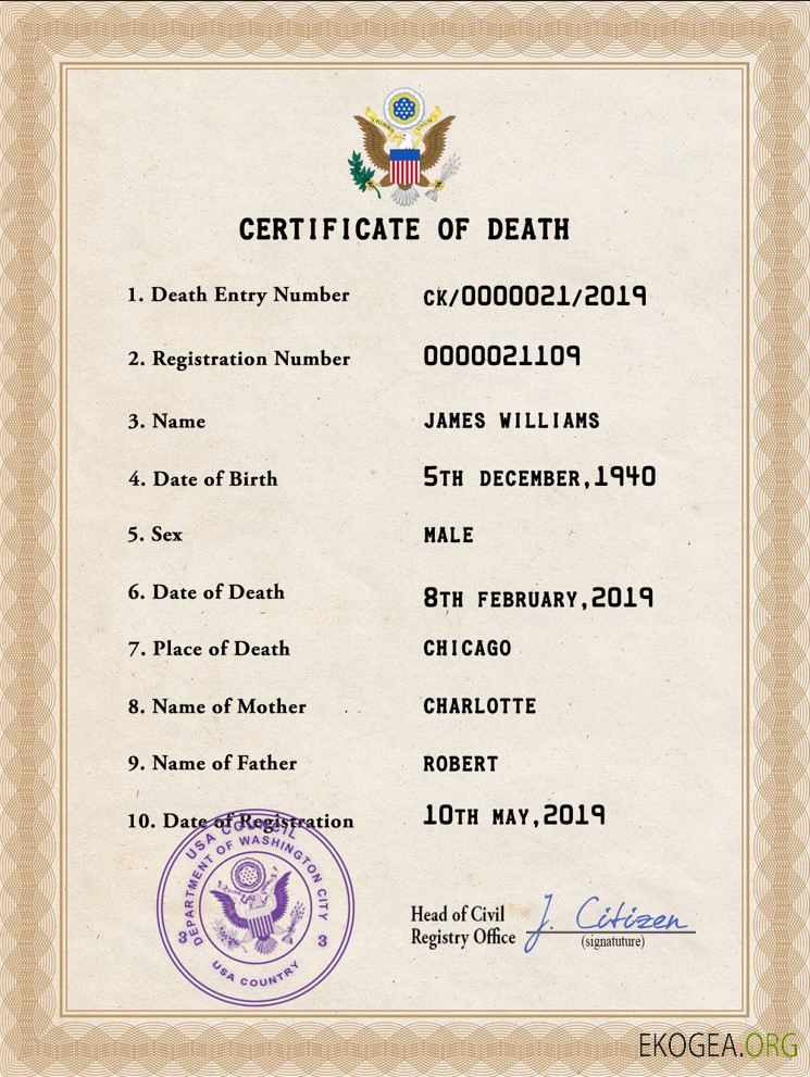 Modèle PSD de certificat de décès de l'état civil des États Unis